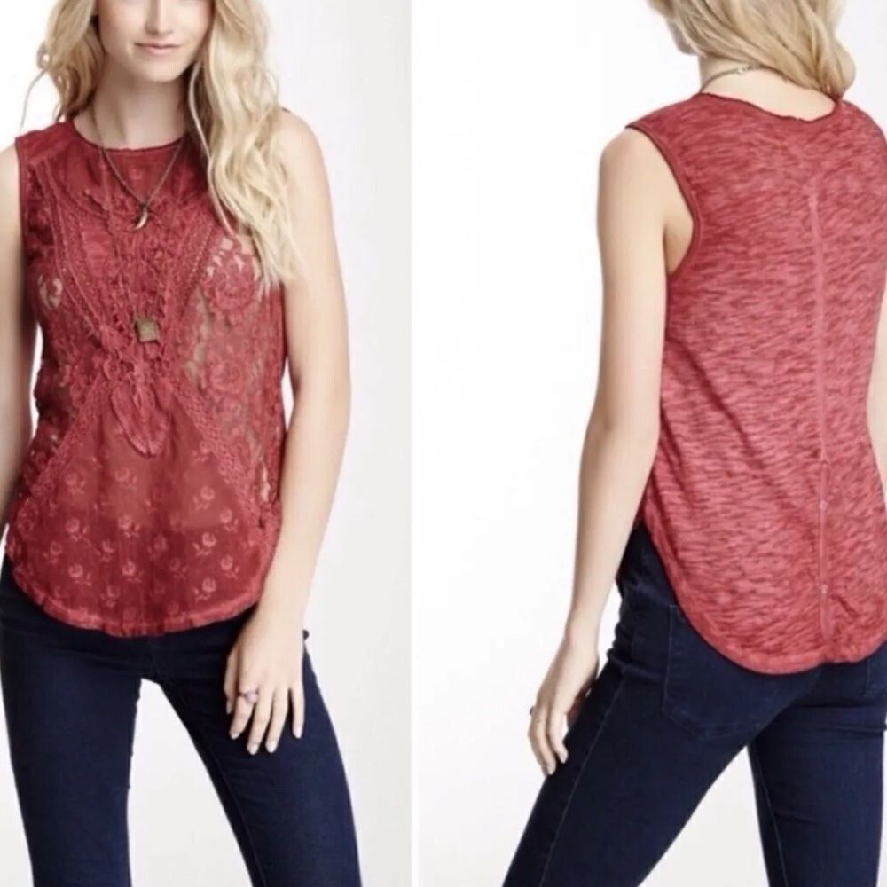 Free People Women's Not So Sweet Victorian Lace Crochet Boho Western Top Rose